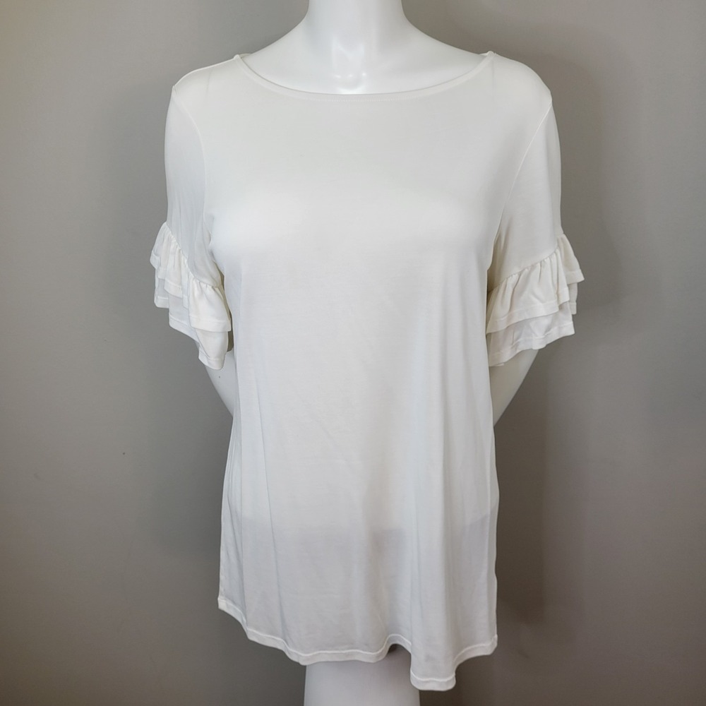 Time And Tru Round Neck Ruffle Sleeve Off-White Top Womens Size M